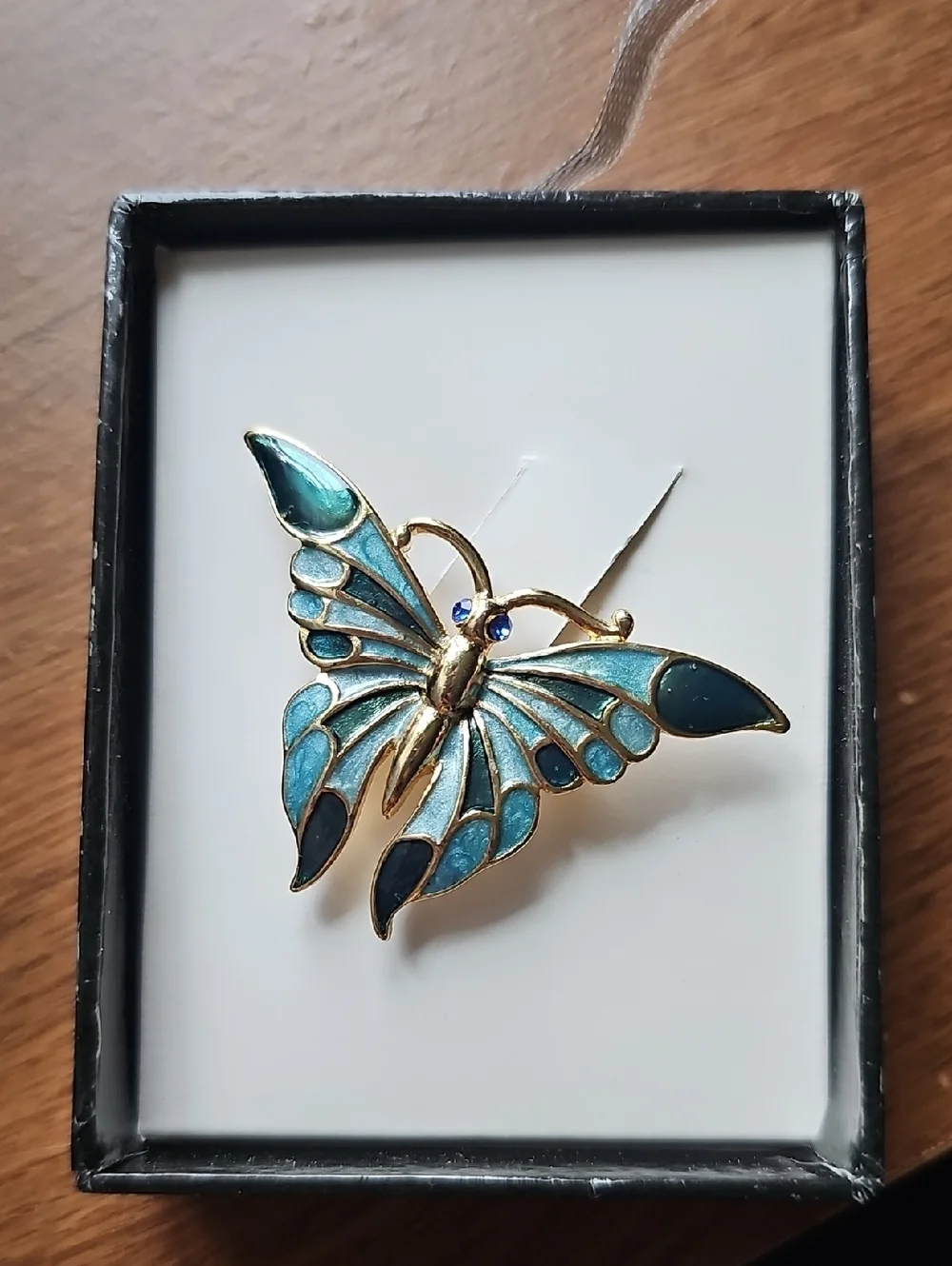 NIB Vintage Gold Tone Blue Enamel Butterfly Brooch
